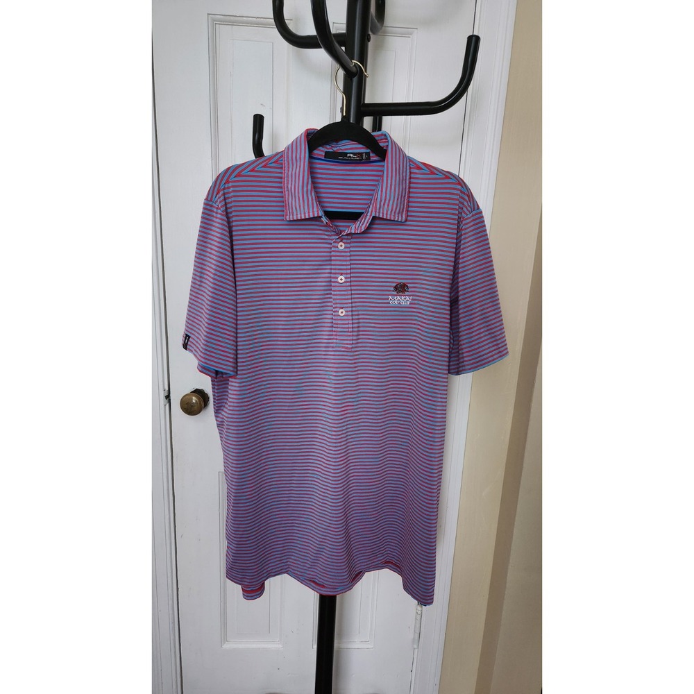 Ralph Lauren Polo Shirt Mens Large Red Blue Striped RLX Makai Golf Club Logo